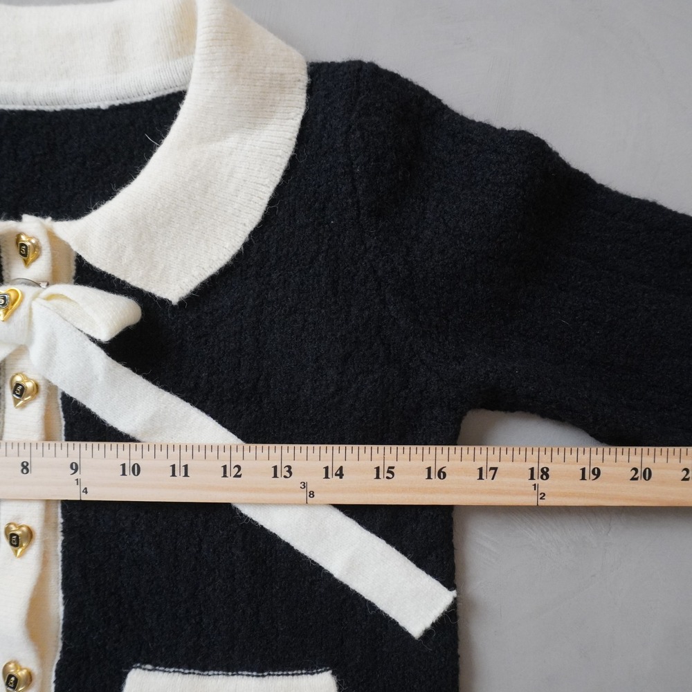 Vintage Style Cropped Cardigan Medium Black White Heart Button Bow Coquette - Picture 6 of 7